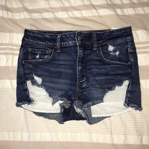 american eagle ripped dark blue high rise shorts